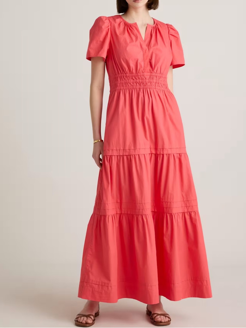 Quince Women’s Large 100% Organic Cotton Poplin Tiered Maxi Dress Coral Pockets